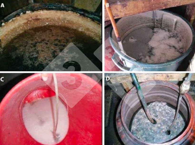 Fig 1. Soluciones y productos de precipitaci&oacute;n que pueden bloquear el sistema de medicaci&oacute;n.&nbsp;A: Cristales y lodo negro; B: Cristales y precipitado flotante; C: Precipitado blanco en soluci&oacute;n; D: Precipitado flotante. Fuente: Dorr PM, Madson M, Wayne S, et al (2009).
