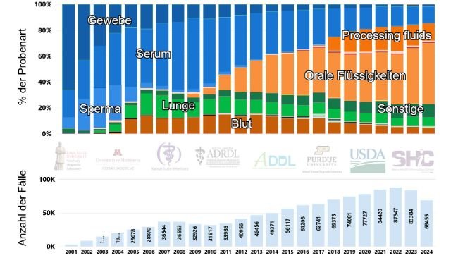 Abb. 1: Anzahl der Fälle und Prozentsatz der mittels RT-PCR auf PRRSV getesteten Probenarten im Zeitverlauf in den USA (2001-2024). Bild entnommen von der Webseite des Swine Disease Reporting System (SDRS, https://fieldepi.org/domestic-swine-disease-monitoring-program/)