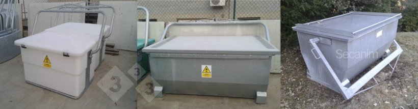 Imagen 4-6 (de izquierda a derecha) Ejemplo de contenedor de plástico de 500 litros, ejemplo de contenedor de chapa galvanizada de 1500 litros, ejemplo de contenedor de chapa galvanizada de 1000 litros. Fotos cortesía de Secanim (España).