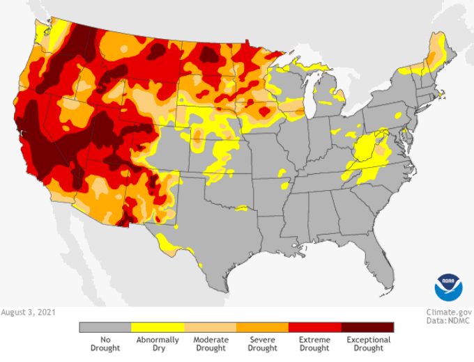 Figura 1. Mapa de sequía en los EEUU a 3 de agosto de 2021 (Fuente: www.climate.gov – NOOA)