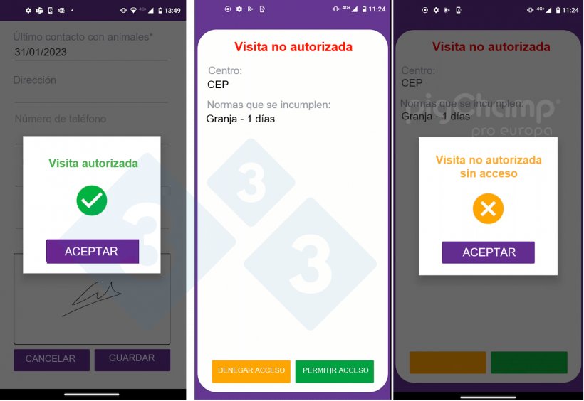 Imagen 1. Ejemplos de visita aceptada (izq), alerta de visita no autorizada (central) y rechazo de visita no autorizada (dch).